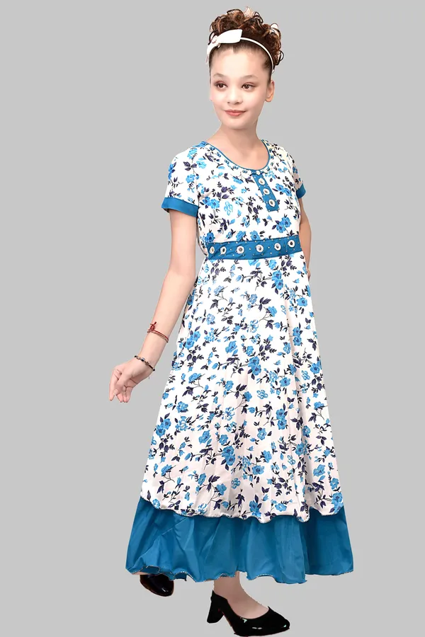 White_Floral_Print_Flared_Dress_For_Girls
