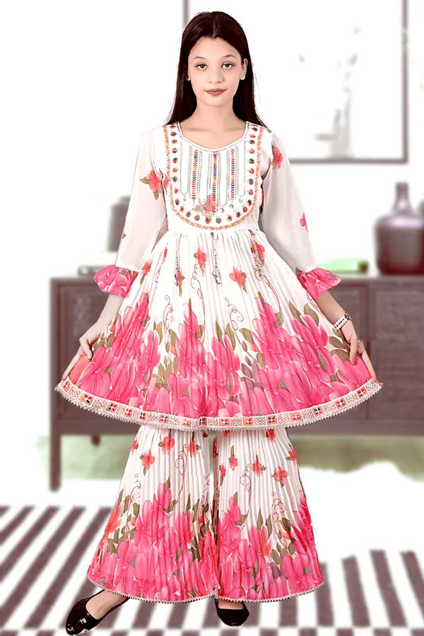 White_Pink_Floral_Print_Anarkali_Sharara_Set_For_Women