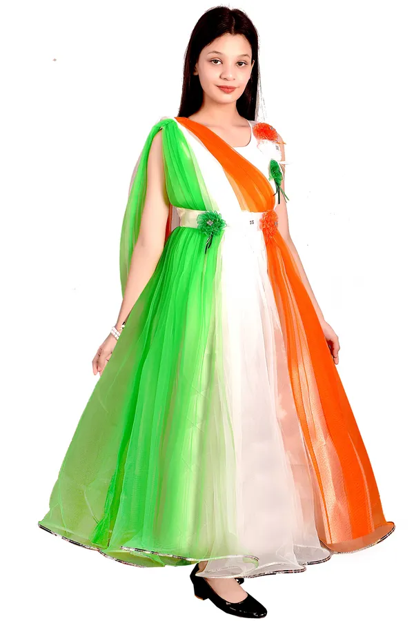 Orange_White_Green_Tricolour_Party_Dress_For_Girls