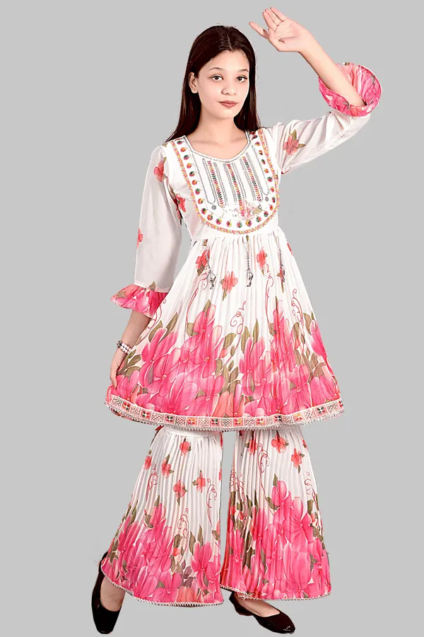 White_Pink_Floral_Print_Anarkali_Sharara_Set_For_Women