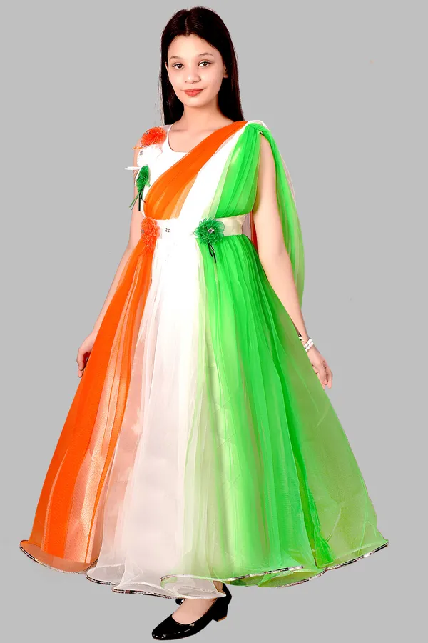 Orange_White_Green_Tricolour_Party_Dress_For_Girls