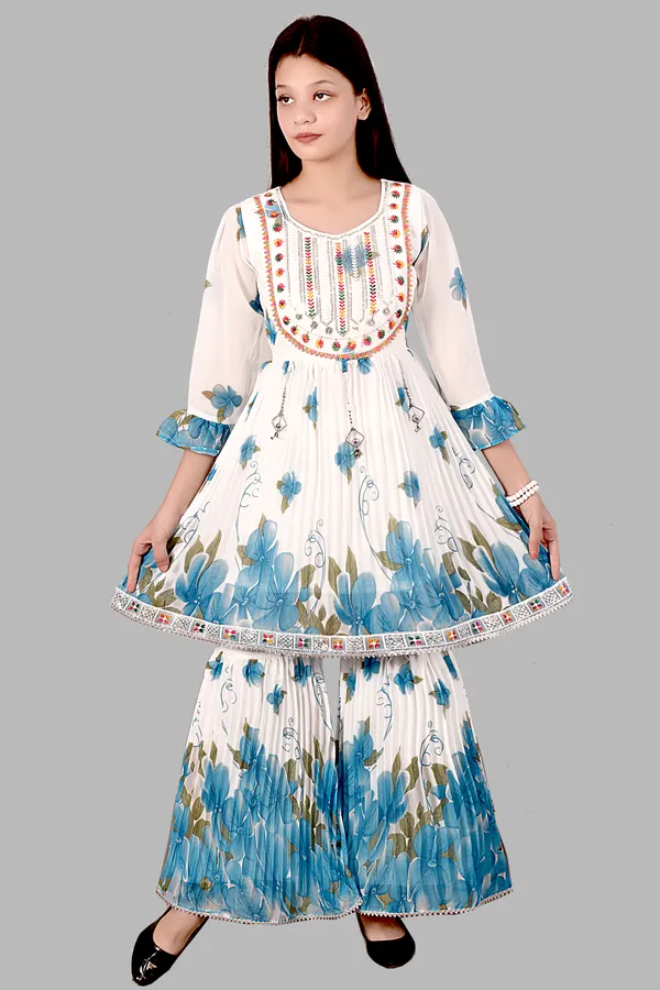 White_Blue_Floral_Print_Anarkali_Sharara_Set_For_Women