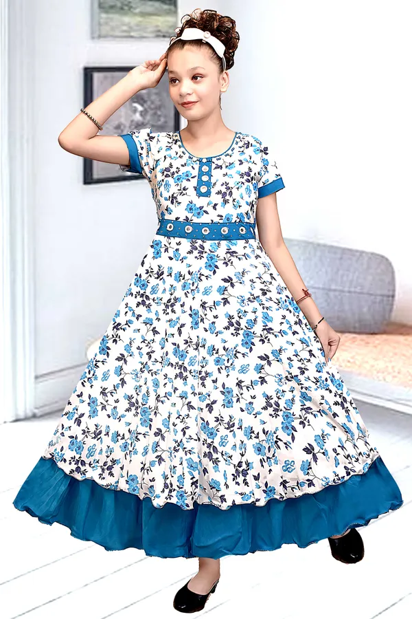 White_Floral_Print_Flared_Dress_For_Girls