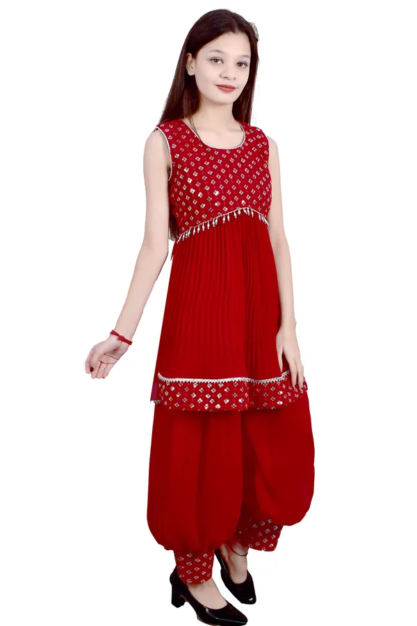 Red_Printed_Sleeveless_Kurta_Pant_Set_For_Women