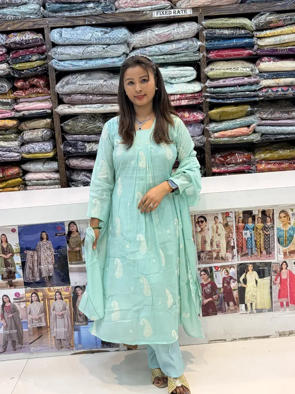 Mint_Green_Mul_Chanderi_Printed_Kurta_Set_For_Women
