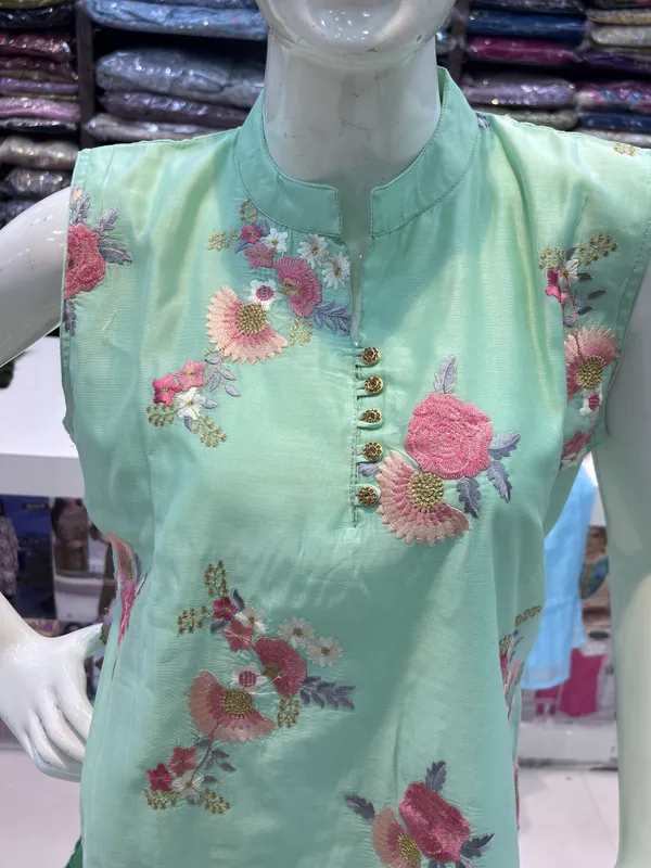 Mint_Green_Chanderi_Floral_Print_Straight_Kurta_Set_For_Women