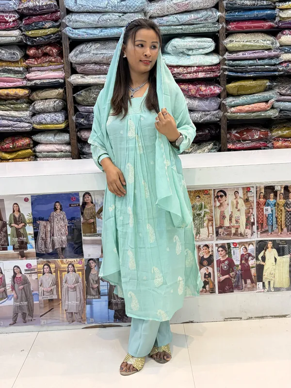 Mint_Green_Mul_Chanderi_Printed_Kurta_Set_For_Women