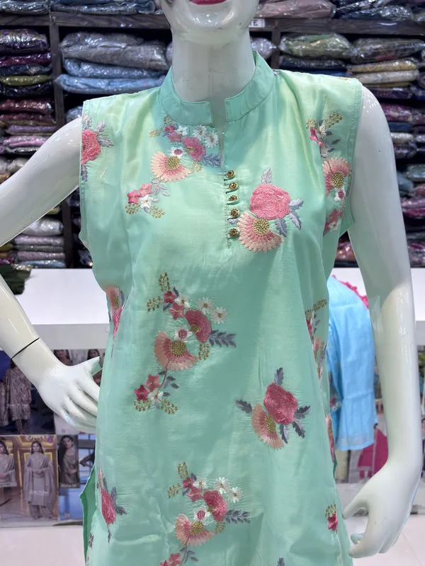 Mint_Green_Chanderi_Floral_Print_Straight_Kurta_Set_For_Women