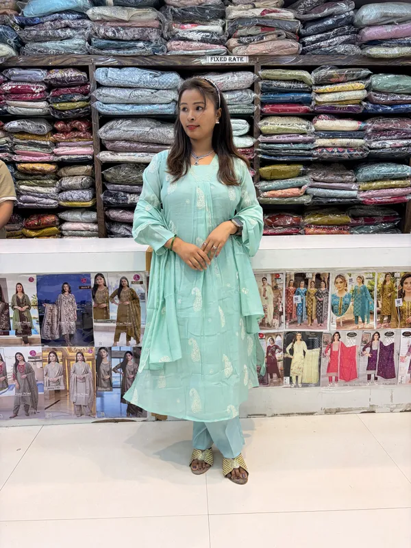 Mint_Green_Mul_Chanderi_Printed_Kurta_Set_For_Women