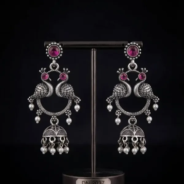 Silver_Alloy_Metal_Oxidised_Peacock_Jhumka_Earrings_For_Women_-_Pack_of_2