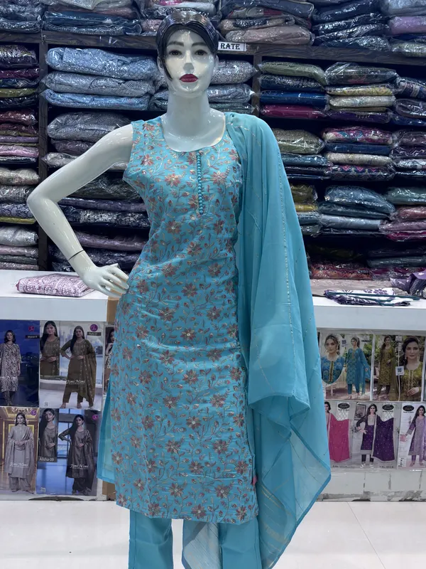 Blue_Chanderi_Straight_Floral_Print_Kurta_Set_For_Women