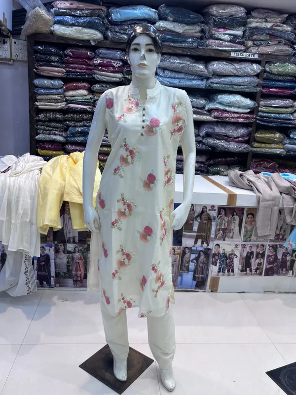 White_Chanderi_Straight_Floral_Print_Kurta_Set_For_Women