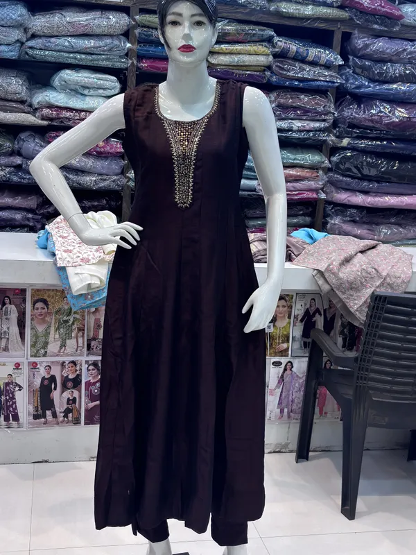Brown_Vichitra_Silk_Sleeveless_Embellished_Anarkali_Suit_Set_For_Women