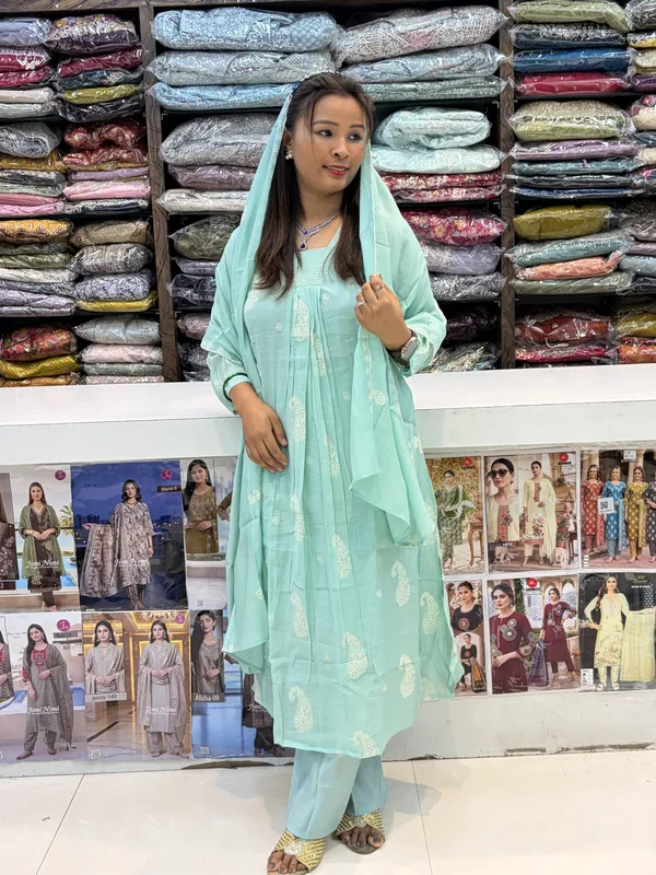 Mint_Green_Mul_Chanderi_Printed_Kurta_Set_For_Women