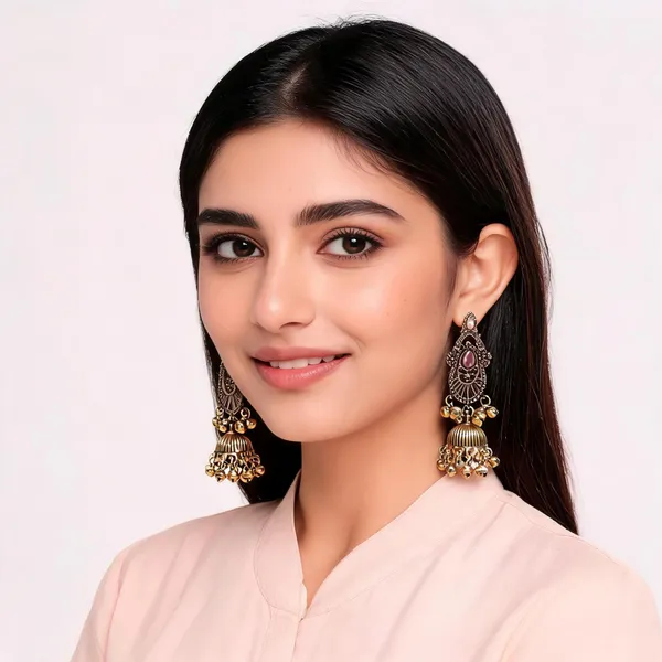 Gold_Alloy_Metal_Traditional_Jhumka_Earrings_For_Women_-_Pack_of_2
