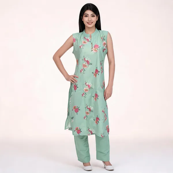 Mint_Green_Chanderi_Floral_Print_Straight_Kurta_Set_For_Women