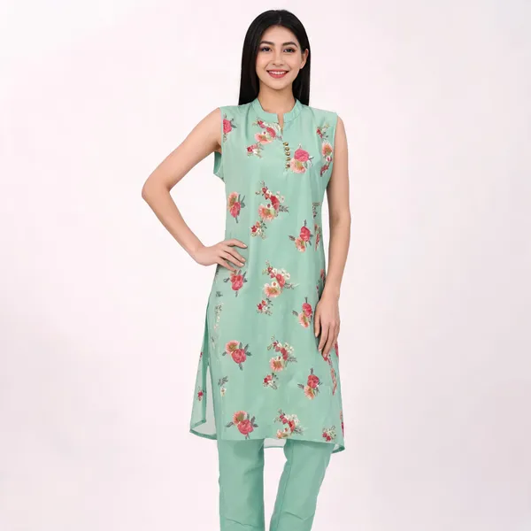 Mint_Green_Chanderi_Floral_Print_Straight_Kurta_Set_For_Women