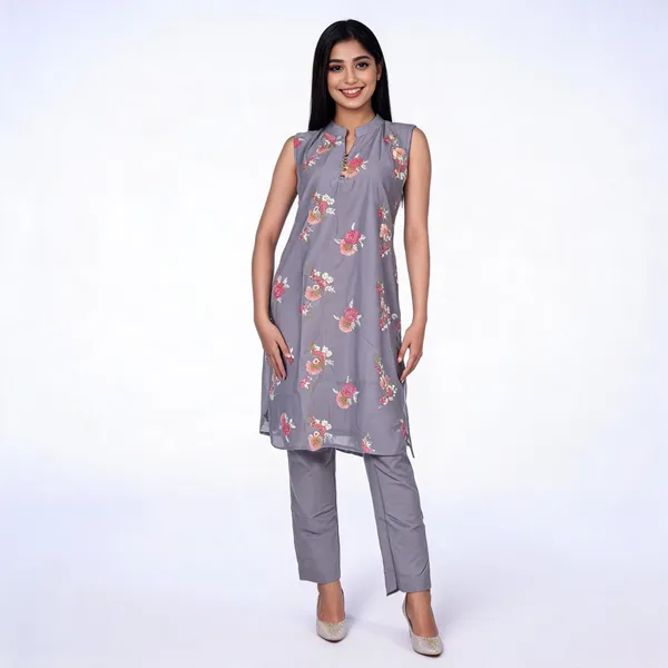 Grey_Chanderi_Floral_Sleeveless_Kurta_Set_For_Women