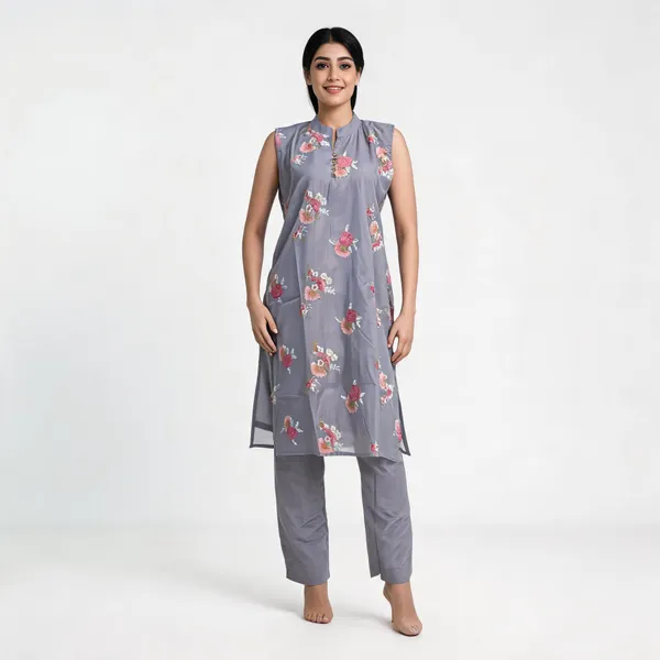 Grey_Chanderi_Floral_Sleeveless_Kurta_Set_For_Women
