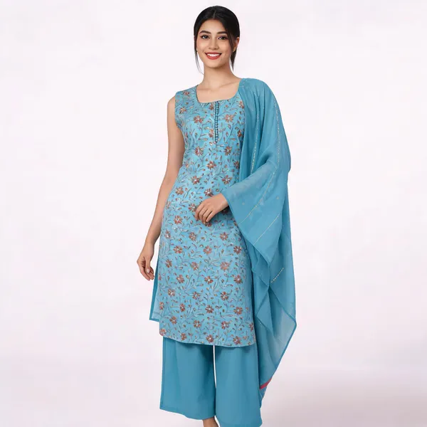 Blue_Chanderi_Straight_Floral_Print_Kurta_Set_For_Women