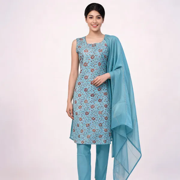 Blue_Chanderi_Straight_Floral_Print_Kurta_Set_For_Women