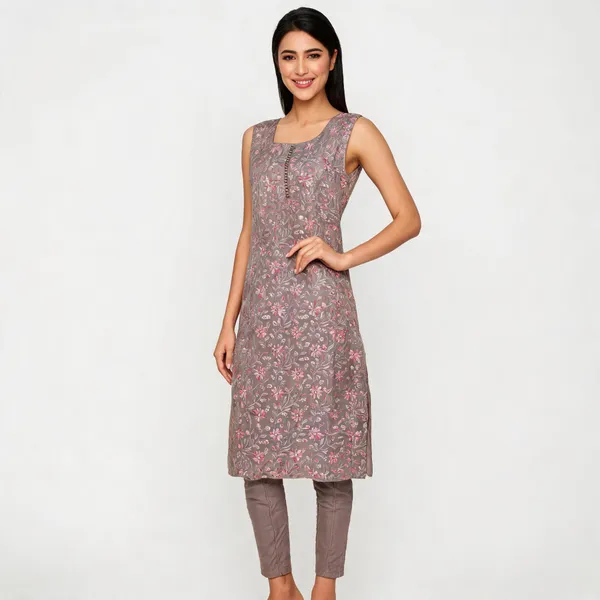 Grey_Chanderi_Straight_Printed_Kurta_Set_For_Women