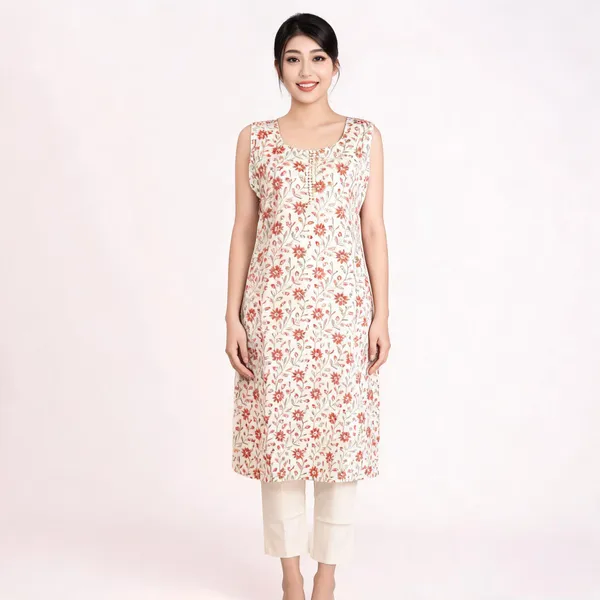 White_Chanderi_Sleeveless_Floral_Print_Kurta_Pant_Set_For_Women
