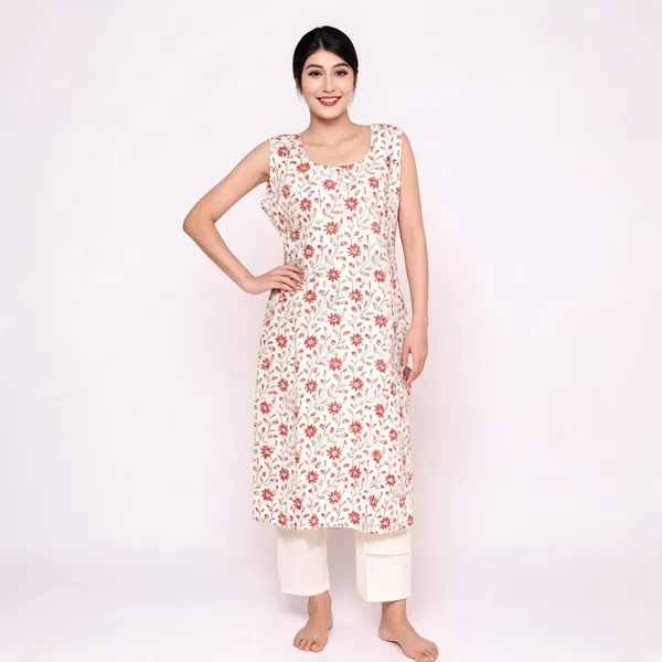 White_Chanderi_Sleeveless_Floral_Print_Kurta_Pant_Set_For_Women
