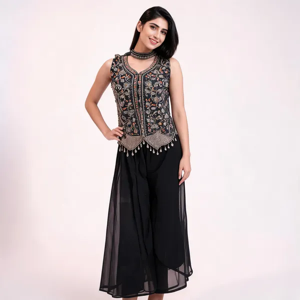Black_Raw_Silk_Sleeveless_Embellished_Kurta_Set_For_Women