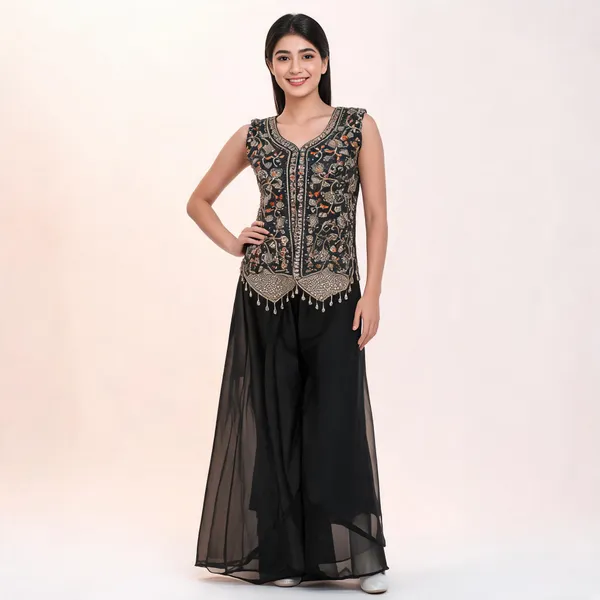 Black_Raw_Silk_Sleeveless_Embellished_Kurta_Set_For_Women