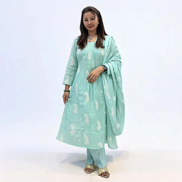 Mint_Green_Mul_Chanderi_Printed_Kurta_Set_For_Women