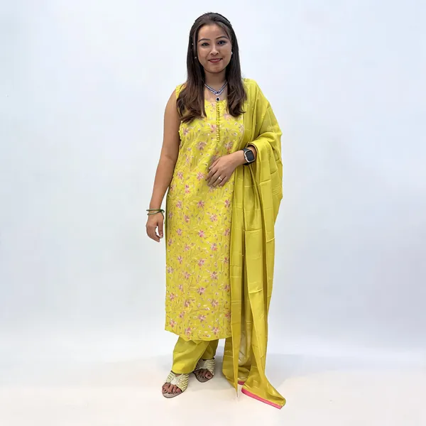 Yellow_Chanderi_Floral_Print_Kurta_Set_For_Women