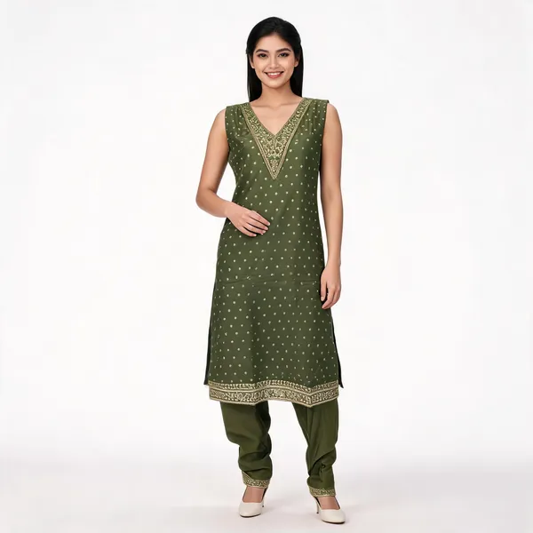 Olive_Shimmer_Fabric_Straight_Embroidered_Kurta_Set_For_Women