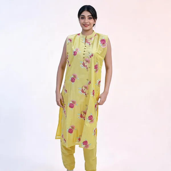 Yellow_Chanderi_Straight_Embroidered_Kurta_Set_For_Women