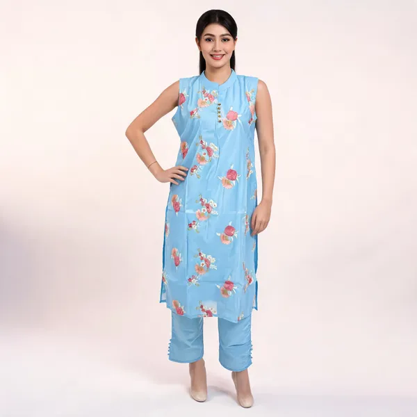 Blue_Chanderi_Sleeveless_Floral_Print_Kurta_Set_For_Women