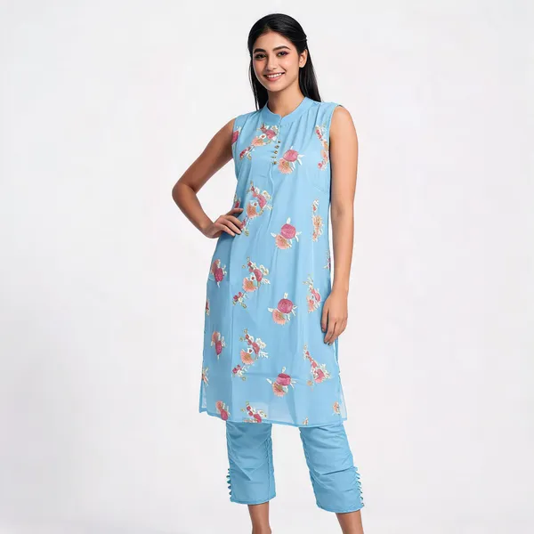 Blue_Chanderi_Sleeveless_Floral_Print_Kurta_Set_For_Women