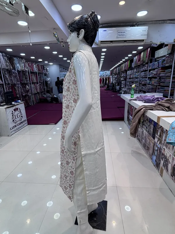 White_Chanderi_Sleeveless_Floral_Print_Kurta_Pant_Set_For_Women