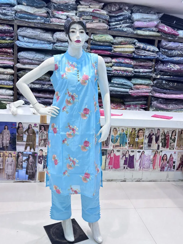 Blue_Chanderi_Sleeveless_Floral_Print_Kurta_Set_For_Women