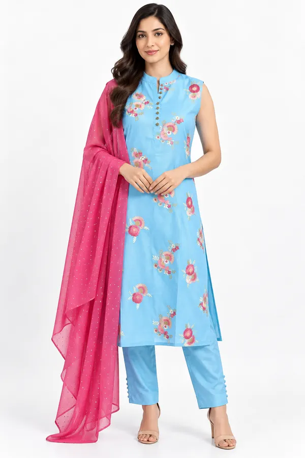 Blue_Chanderi_Floral_Butta_Embroidered_Kurta_Set_for_Women_–_Sleeveless_(Sleeves_Included)