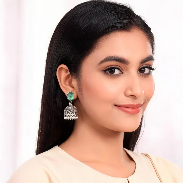Silver_Green_Alloy_Metal_Oxidised_Stone_Jhumka_Earrings_For_Women_-_Pack_of_2
