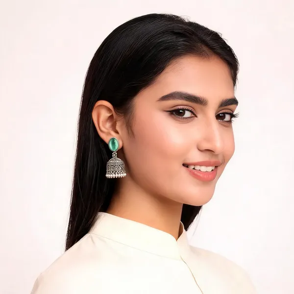 Silver_Green_Alloy_Metal_Oxidised_Stone_Jhumka_Earrings_For_Women_-_Pack_of_2