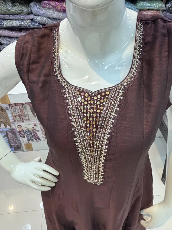 Brown_Vichitra_Silk_Sleeveless_Embellished_Anarkali_Suit_Set_For_Women