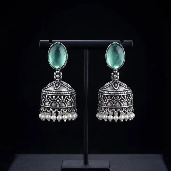 Silver_Green_Alloy_Metal_Oxidised_Stone_Jhumka_Earrings_For_Women_-_Pack_of_2