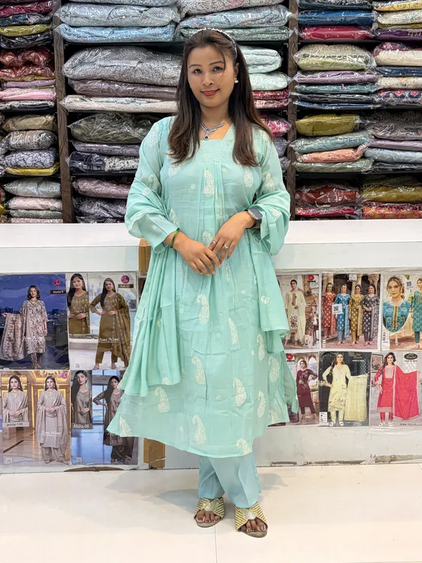 Mint_Green_Mul_Chanderi_Printed_Kurta_Set_For_Women