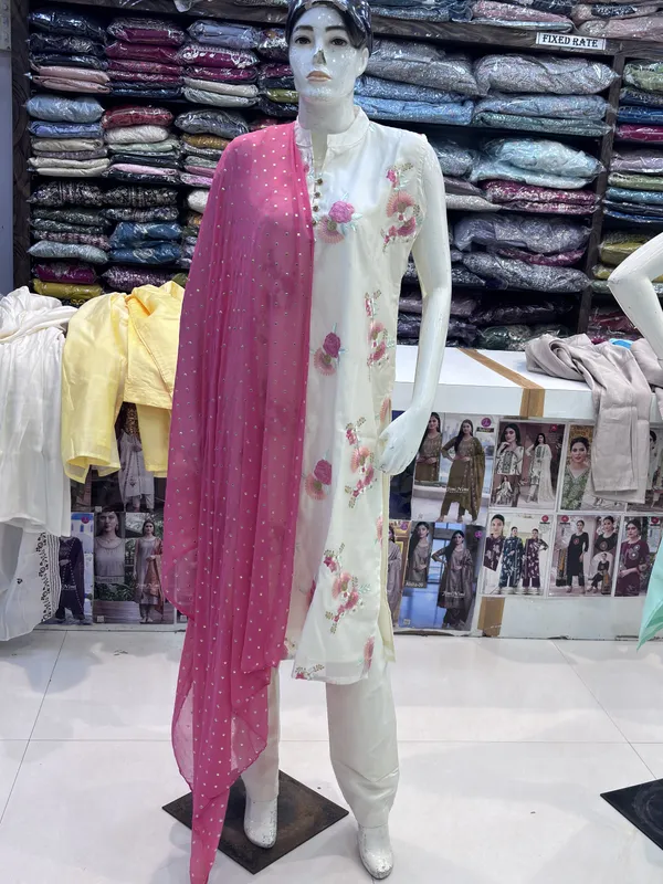 White_Chanderi_Straight_Floral_Print_Kurta_Set_For_Women
