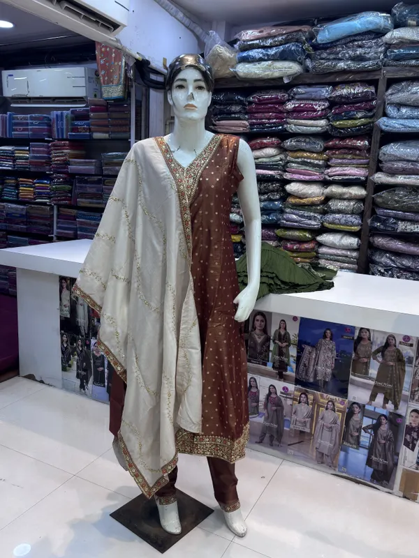 Brown_Shimmer_Straight_Embellished_Anarkali_Set_For_Women