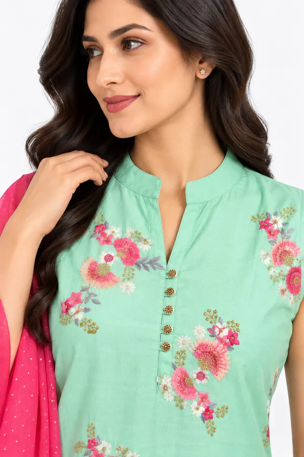 Mint_Green_Chanderi_Floral_Butta_Embroidered_Kurta_Set_for_Women_–_Sleeveless_(Sleeves_Included)