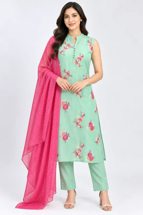Mint_Green_Chanderi_Floral_Butta_Embroidered_Kurta_Set_for_Women_–_Sleeveless_(Sleeves_Included)