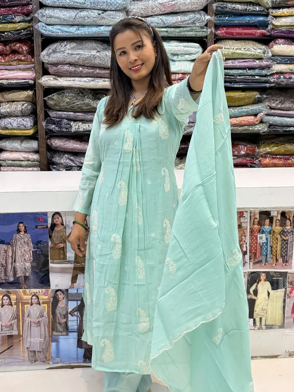 Mint_Green_Mul_Chanderi_Printed_Kurta_Set_For_Women