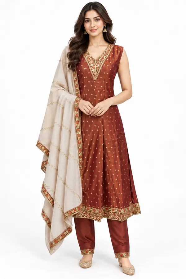 Brown_Shimmer_Straight_Embellished_Anarkali_Set_For_Women_-_(Sleeves_Included)
